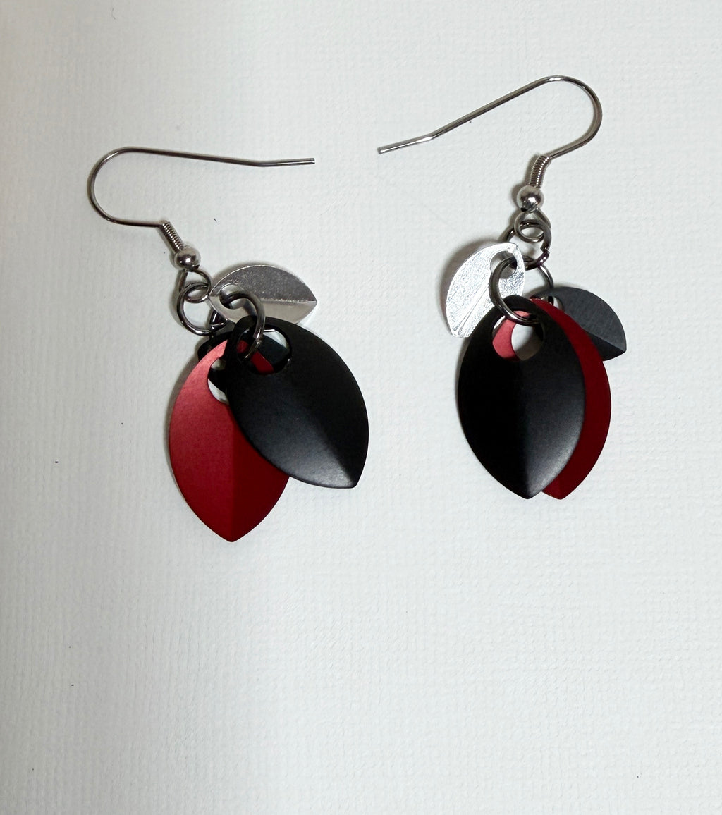 Dangle Earrings with Red, Black, and Silver Scales