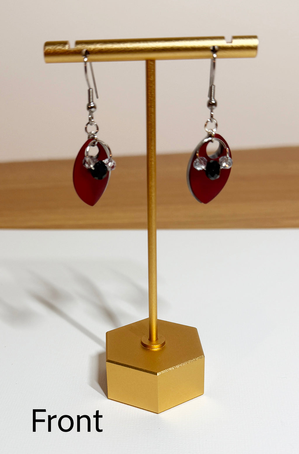 Dangle Earrings with Red and Silver Scales and Crystals