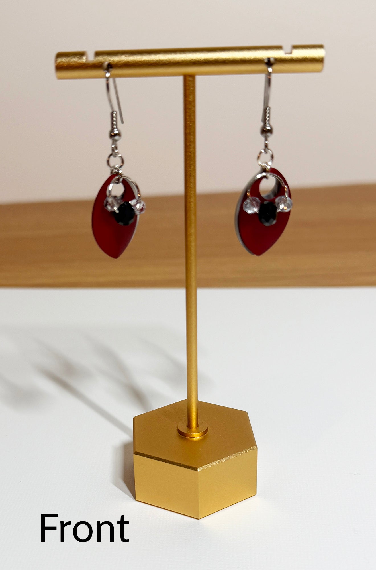 Dangle Earrings with Red and Silver Scales and Crystals