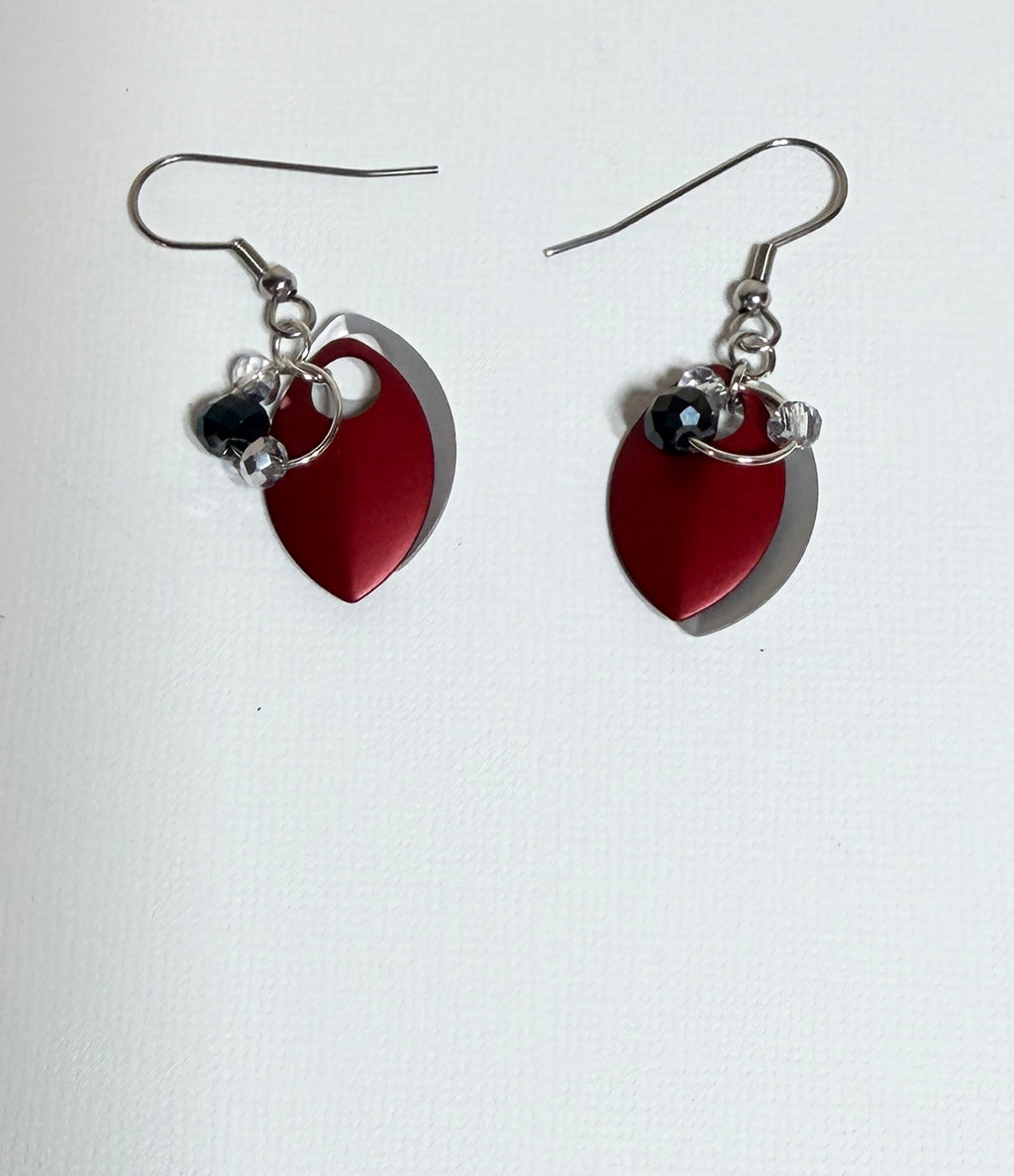 Dangle Earrings with Red and Silver Scales and Crystals
