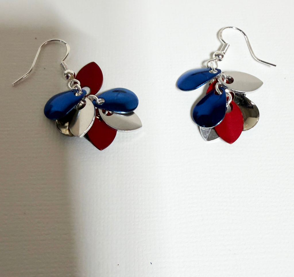 Dangle Earrings with Red, Silver and Blue Scales