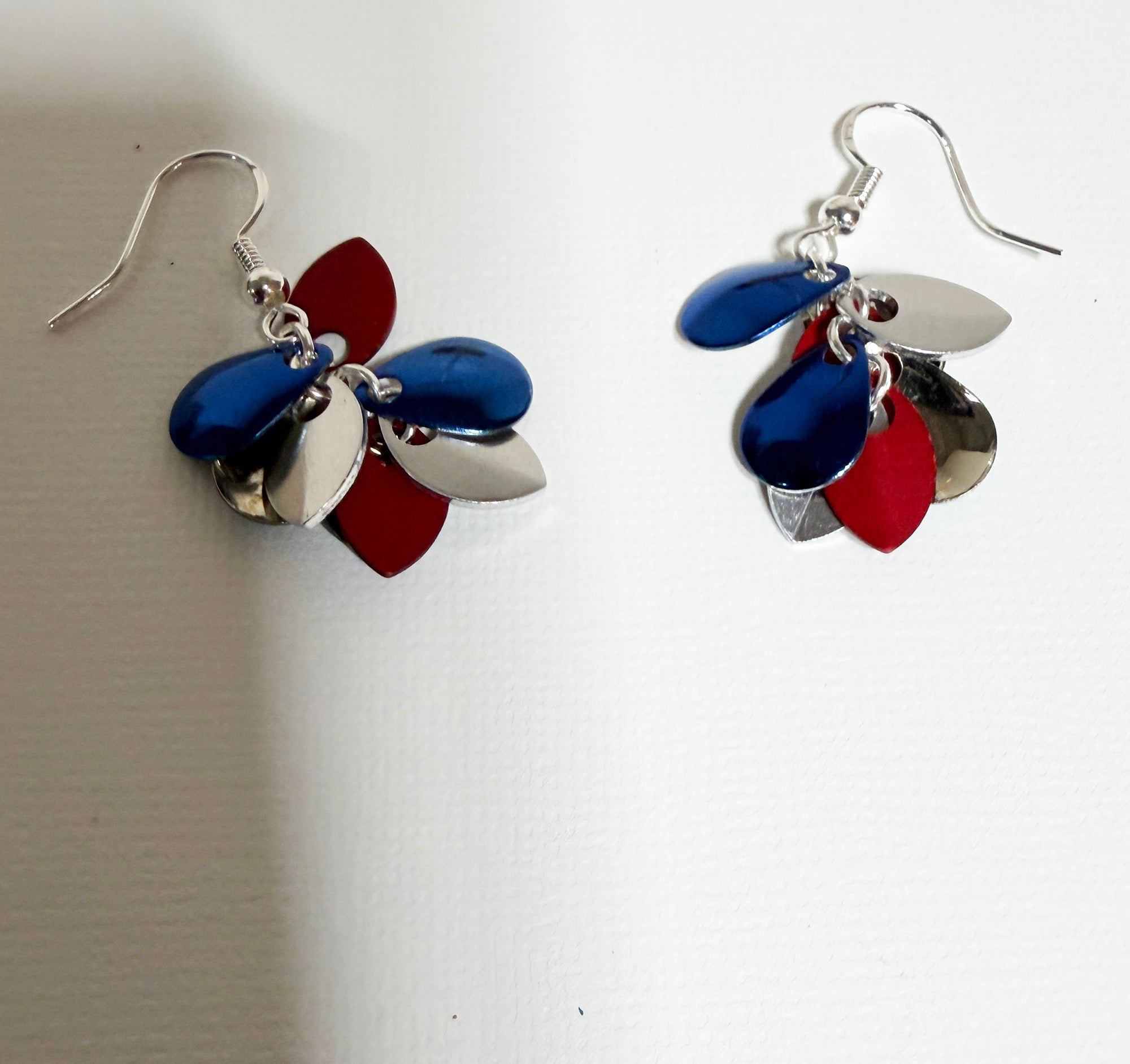 Dangle Earrings with Red, Silver and Blue Scales