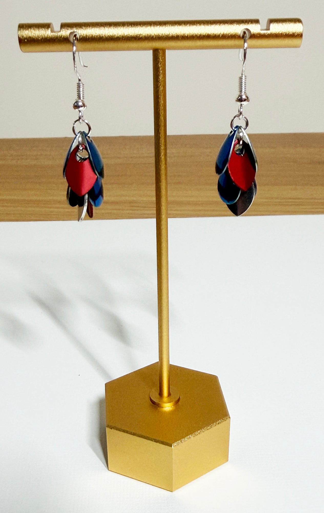 Dangle Earrings with Red, Silver and Blue Scales