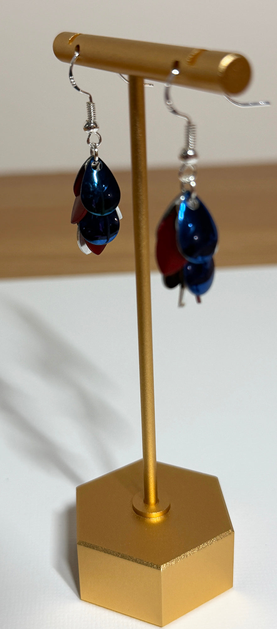 Dangle Earrings with Red, Silver and Blue Scales