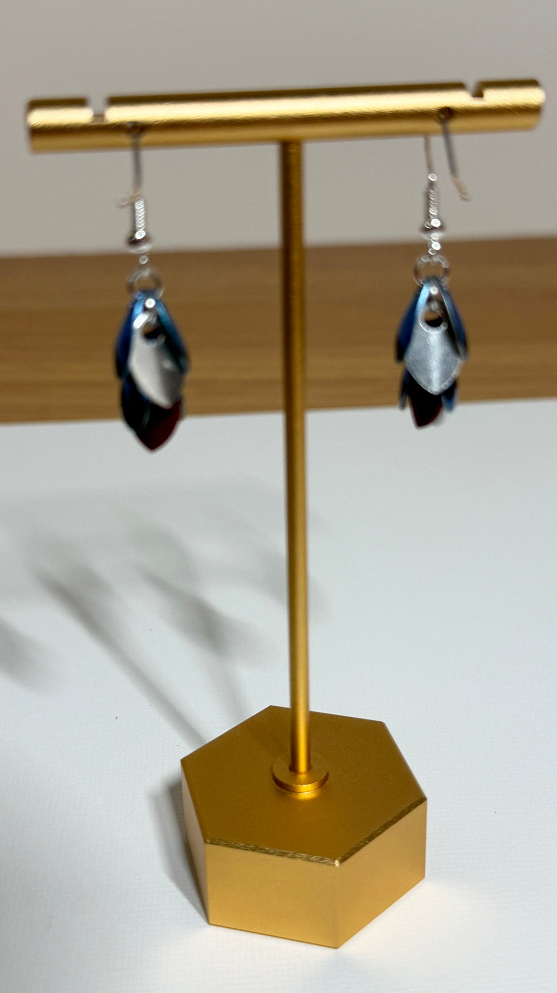 Dangle Earrings with Red, Silver and Blue Scales