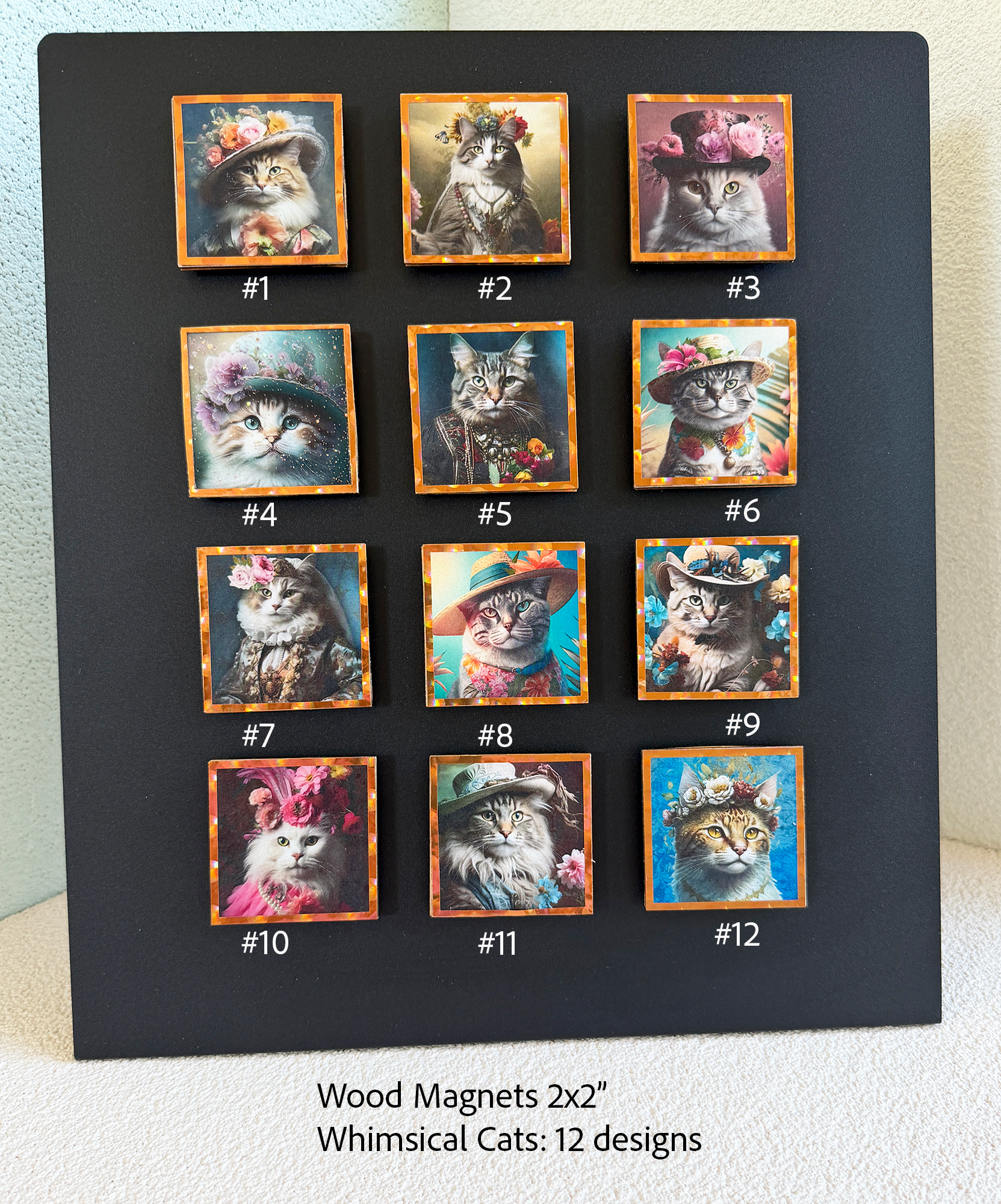 Wood Magnets, 2x2", Whimsical Cats
