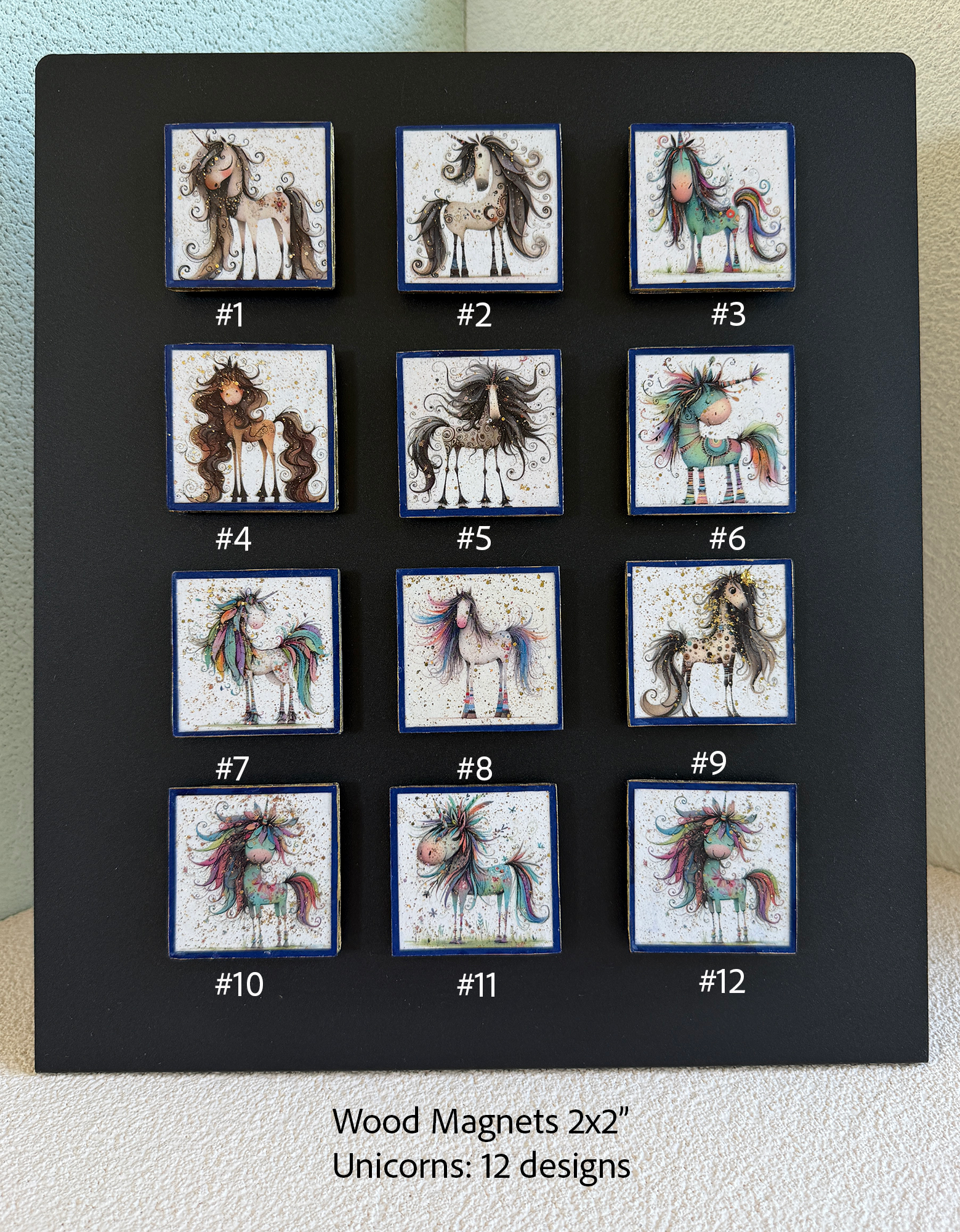 Wood Magnets, 2x2", Whimsical Unicorns