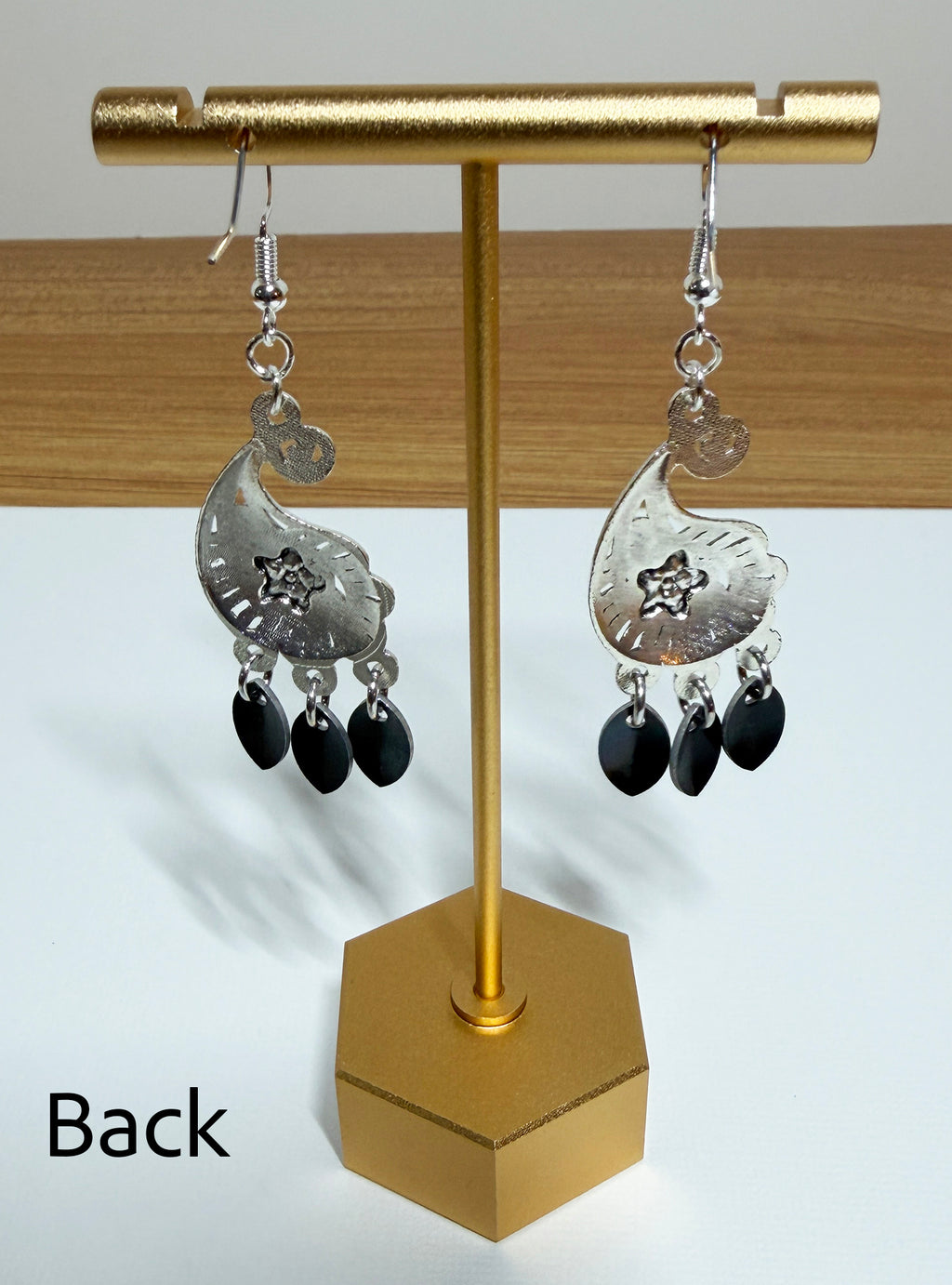 Metallic Paisley-Shaped Tibetan Dangle Earrings with Tiny Black Scales