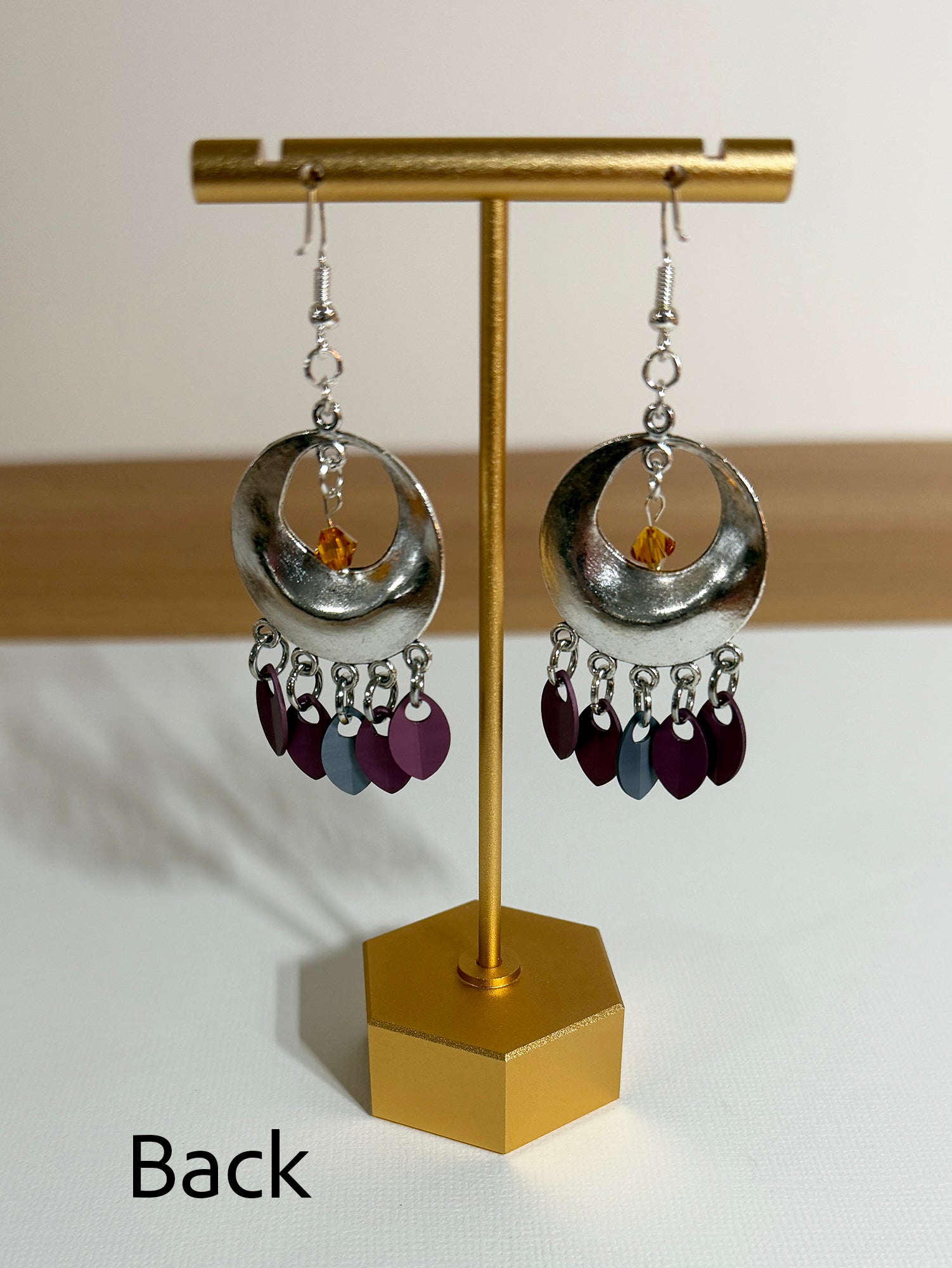 Metallic Circular Dangle Earrings with Tiny Scales and Amber Crystal