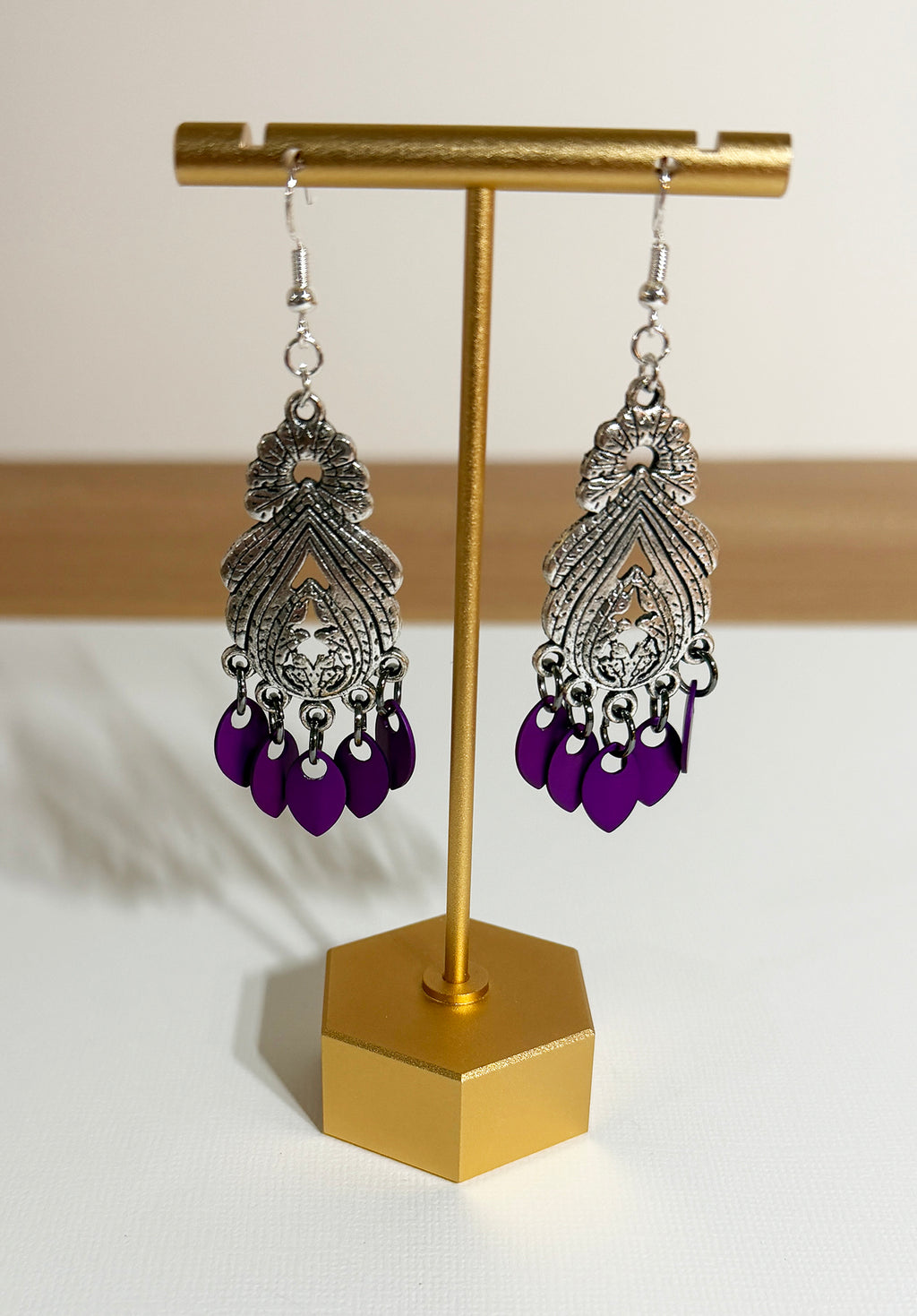 Metallic Tibetan Dangle Earrings with Tiny Scales