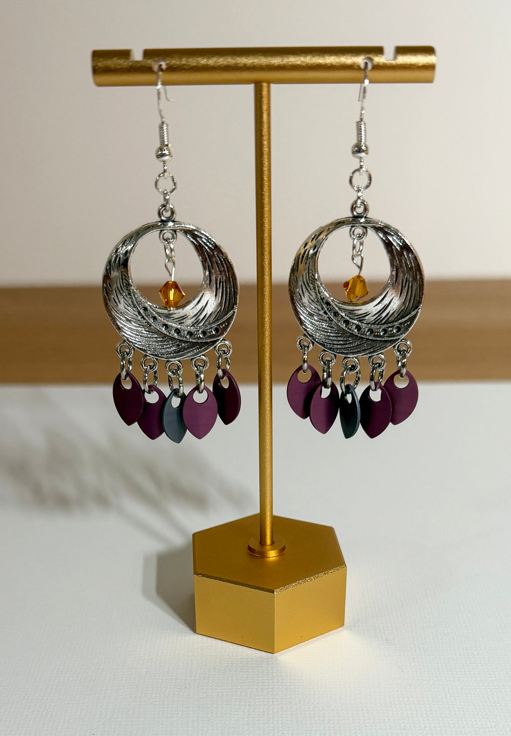 Metallic Circular Dangle Earrings with Tiny Scales and Amber Crystal
