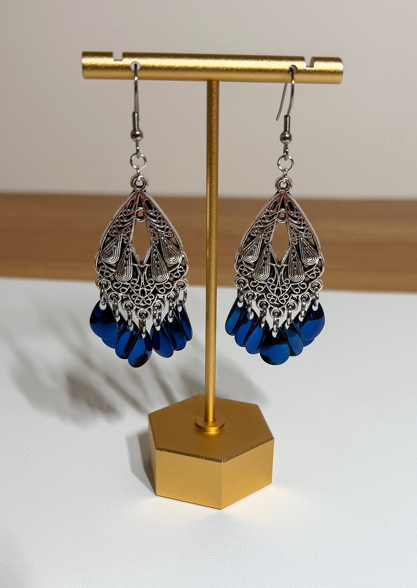 Metallic Tibetan Dangle Earrings with Royal Blue Mermaid Scales